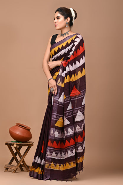 Block Printed Cotton linen Saree With Unstiched Blouse