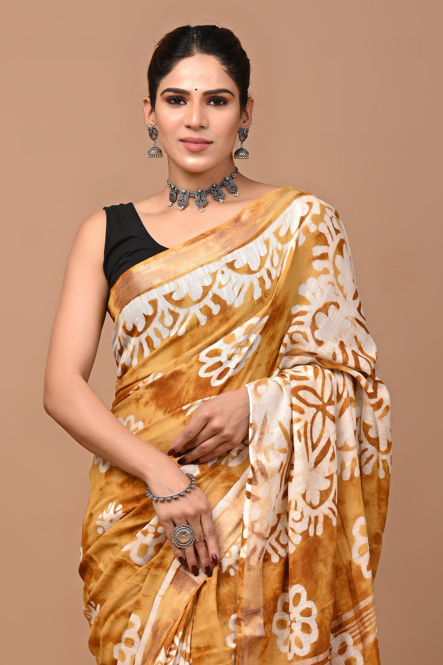 Block Printed Cotton linen Saree With Unstiched Blouse