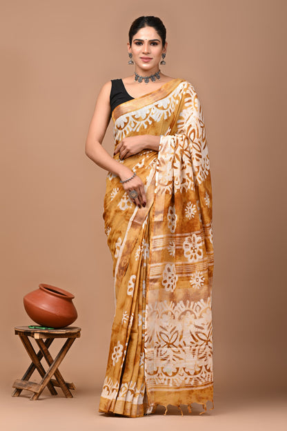 Block Printed Cotton linen Saree With Unstiched Blouse