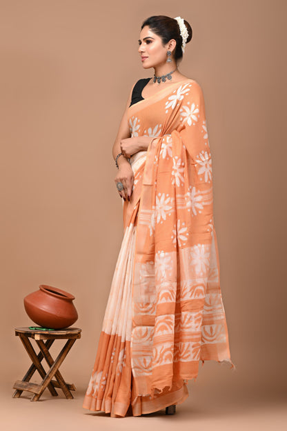 Block Printed Cotton linen Saree With Unstiched Blouse