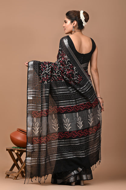 Block Printed Cotton linen Saree With Unstiched Blouse