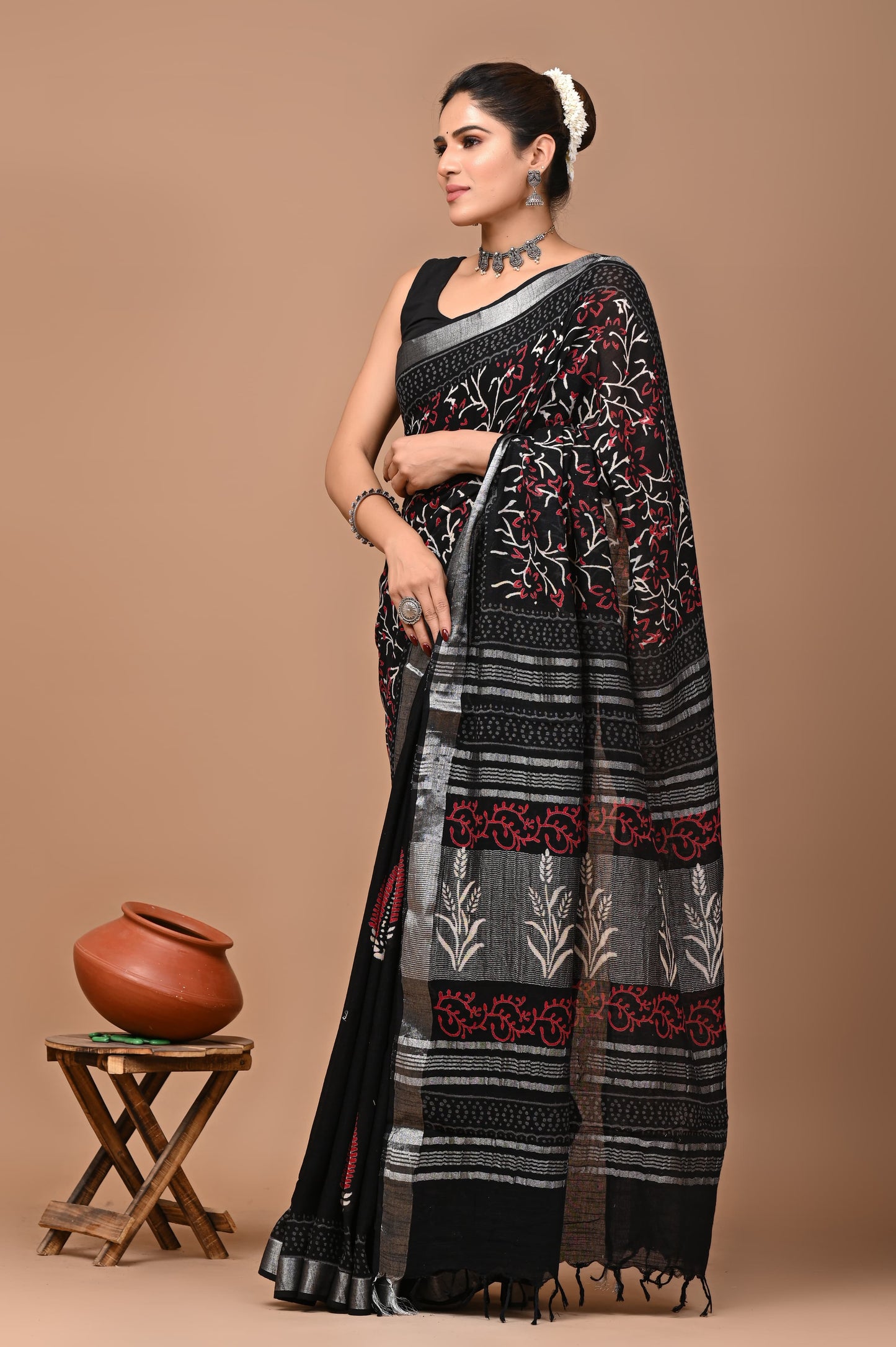 Block Printed Cotton linen Saree With Unstiched Blouse