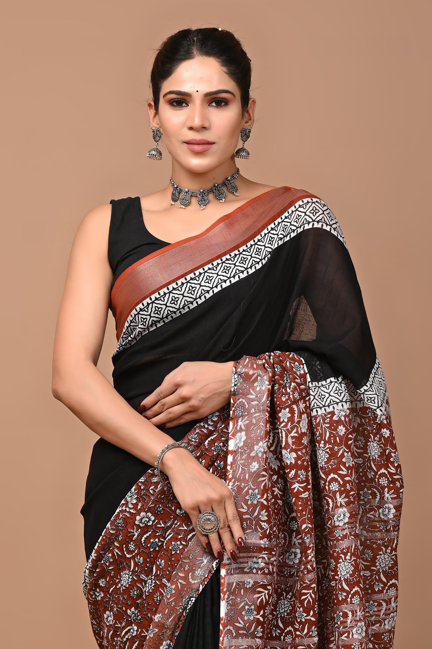 Block Printed Cotton linen Saree With Unstiched Blouse