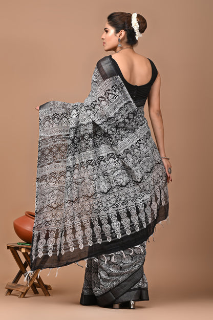 Block Printed Cotton linen Saree With Unstiched Blouse