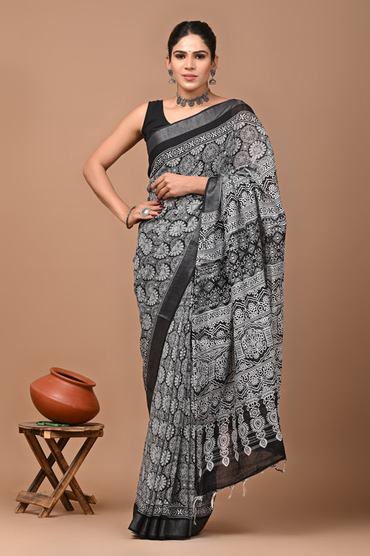 Block Printed Cotton linen Saree With Unstiched Blouse