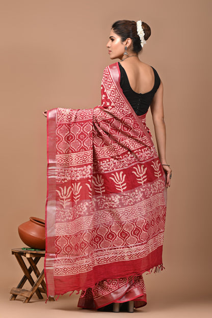 Block Printed Cotton linen Saree With Unstiched Blouse