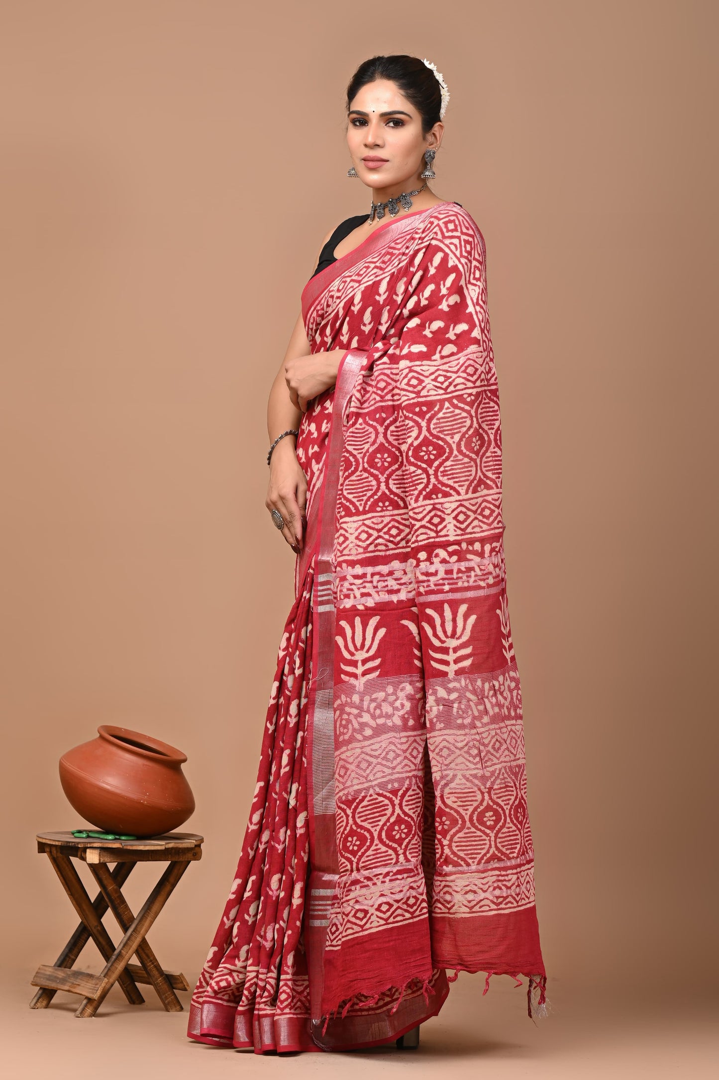 Block Printed Cotton linen Saree With Unstiched Blouse