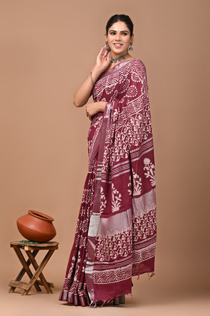 Block Printed Cotton linen Saree With Unstiched Blouse