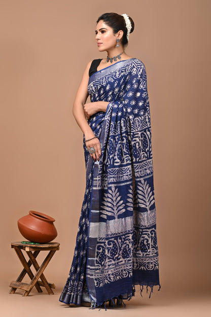 Block Printed Cotton linen Saree With Unstiched Blouse