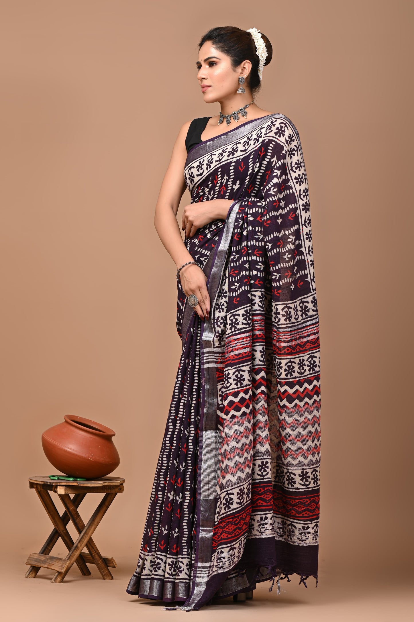 Block Printed Cotton linen Saree With Unstiched Blouse