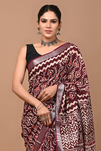 Block Printed Cotton linen Saree With Unstiched Blouse