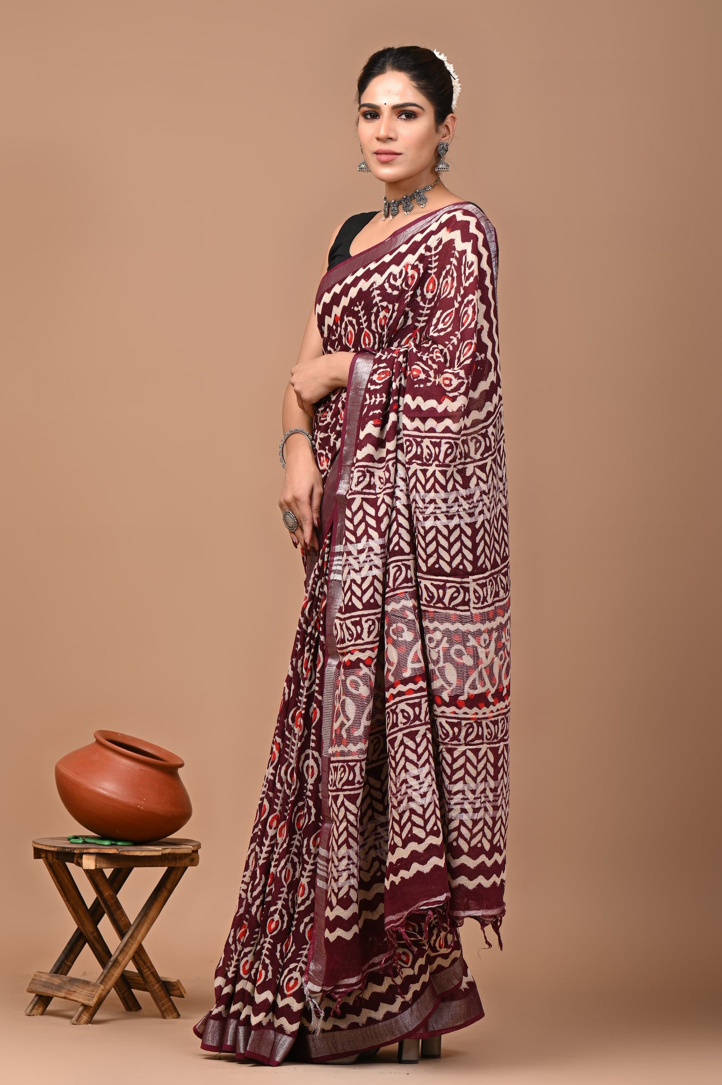 Block Printed Cotton linen Saree With Unstiched Blouse