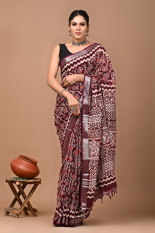 Block Printed Cotton linen Saree With Unstiched Blouse