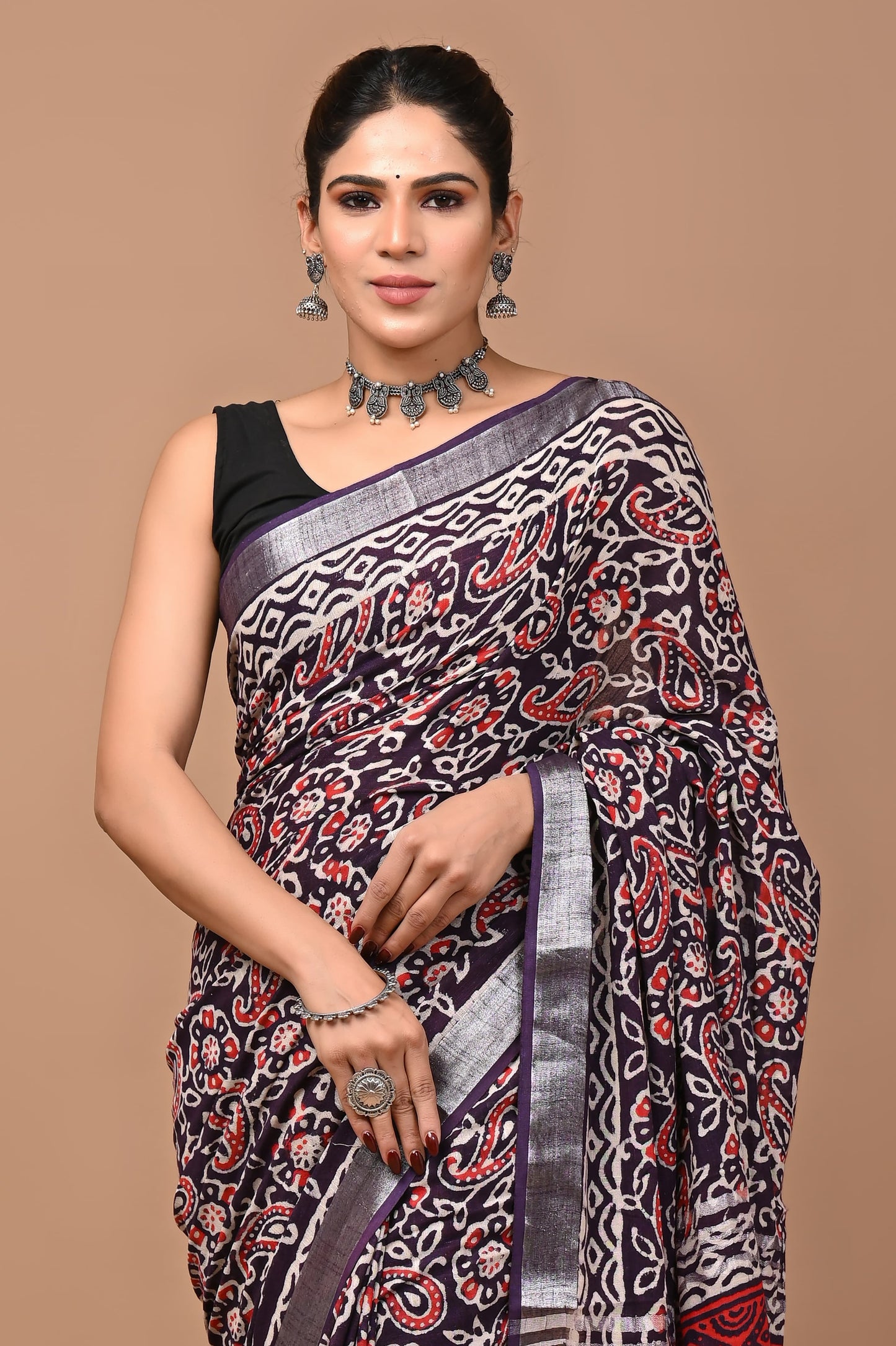 Block Printed Cotton linen Saree With Unstiched Blouse