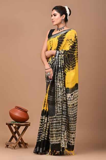 Block Printed Cotton linen Saree With Unstiched Blouse