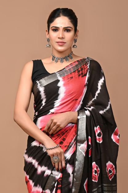 Block Printed Cotton linen Saree With Unstiched Blouse