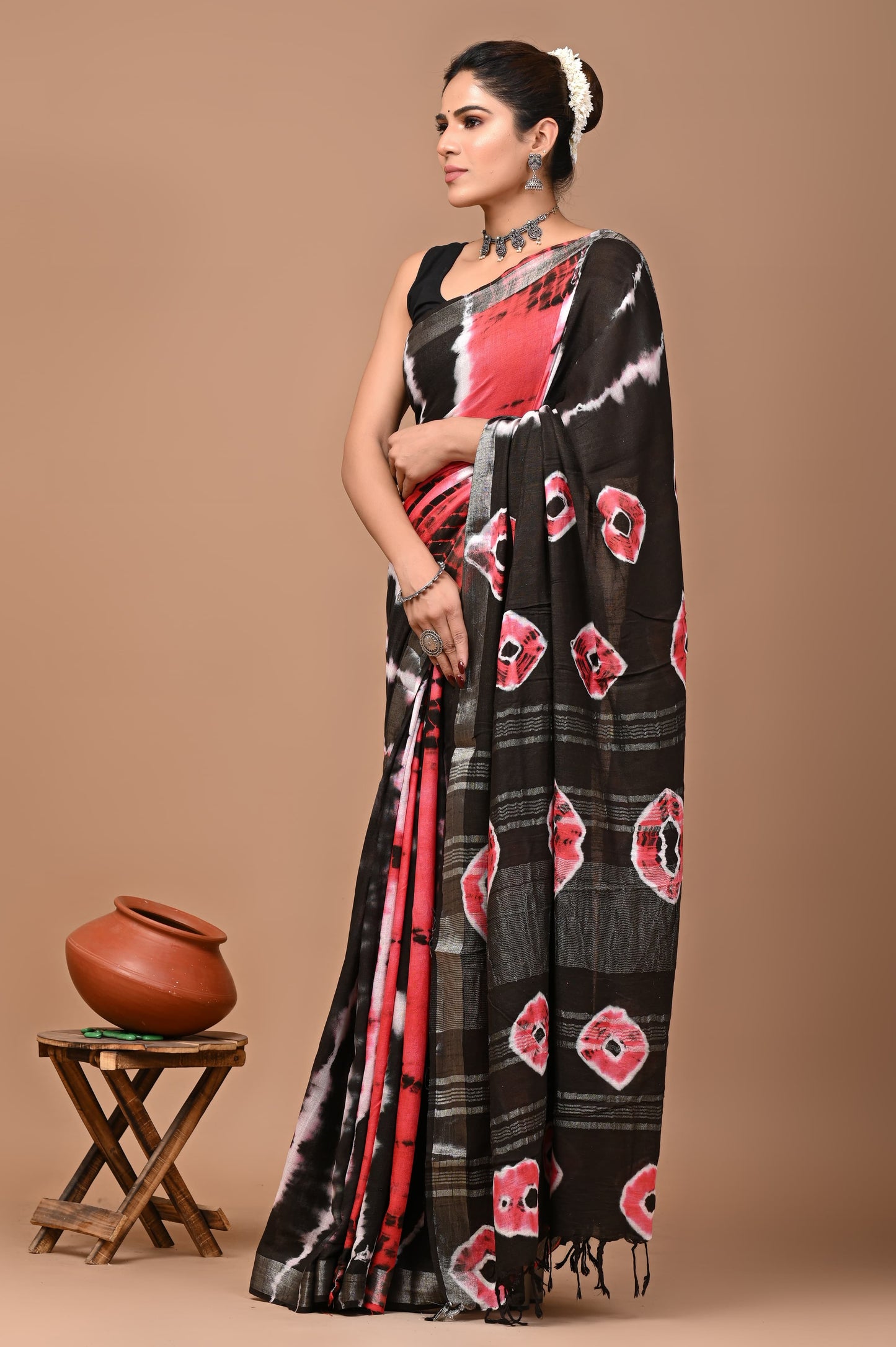 Block Printed Cotton linen Saree With Unstiched Blouse