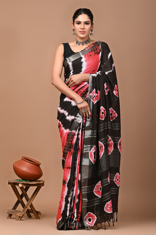 Block Printed Cotton linen Saree With Unstiched Blouse