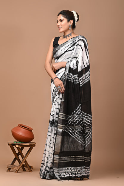 Block Printed Cotton linen Saree With Unstiched Blouse