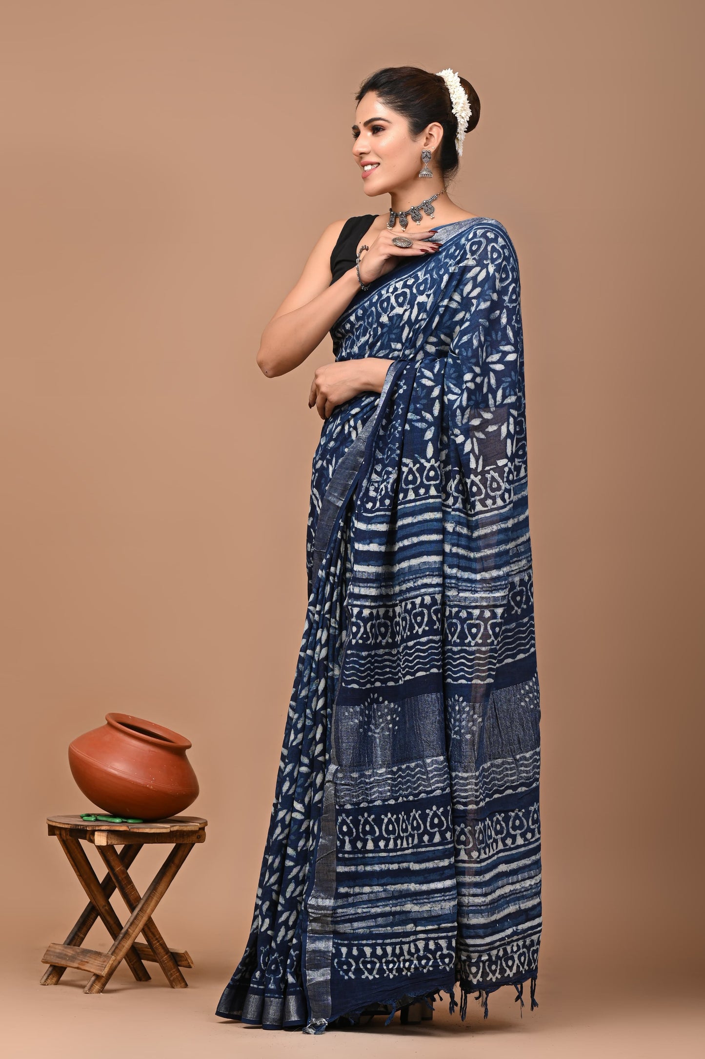 Block Printed Cotton linen Saree With Unstiched Blouse