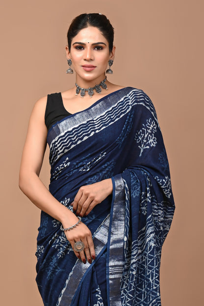 Block Printed Cotton linen Saree With Unstiched Blouse