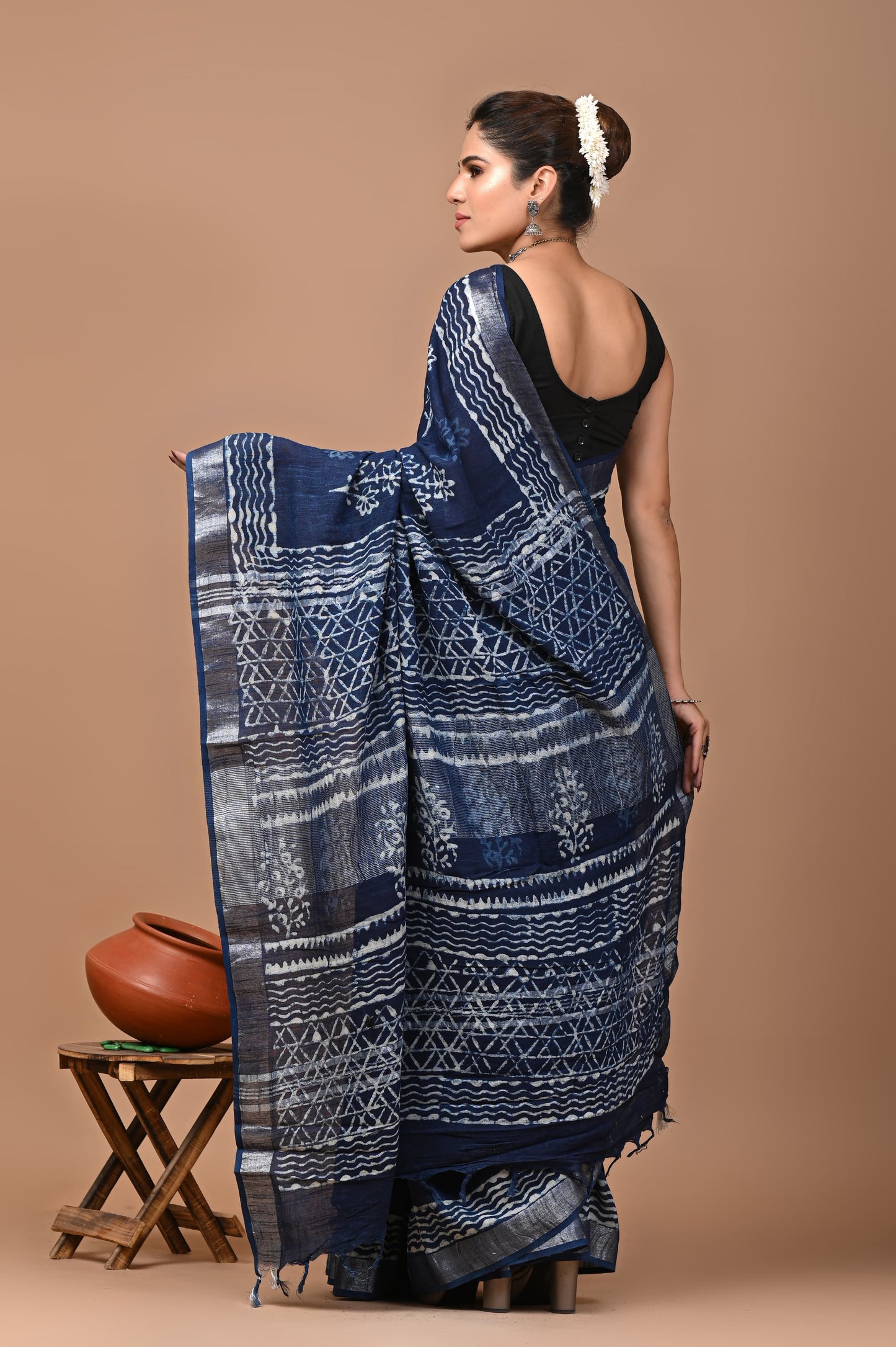 Block Printed Cotton linen Saree With Unstiched Blouse