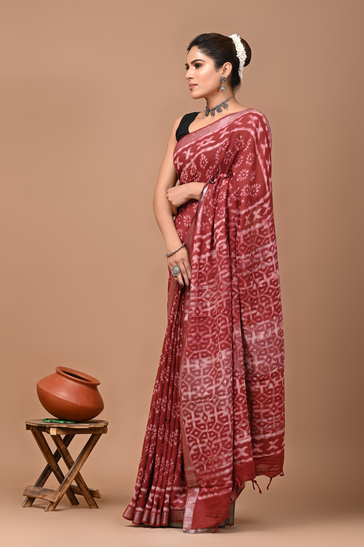 Block Printed Cotton linen Saree With Unstiched Blouse