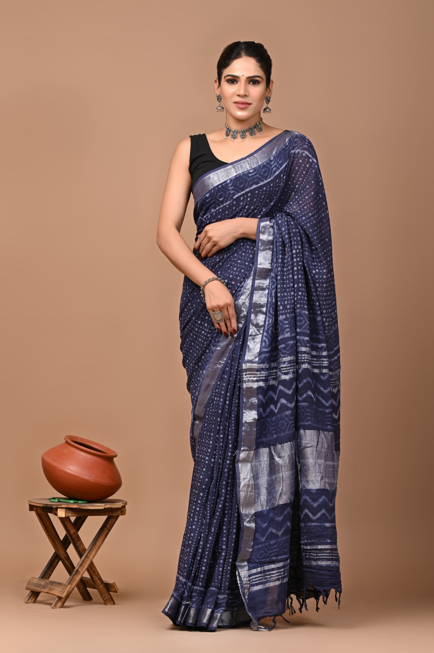 Block Printed Cotton linen Saree With Unstiched Blouse