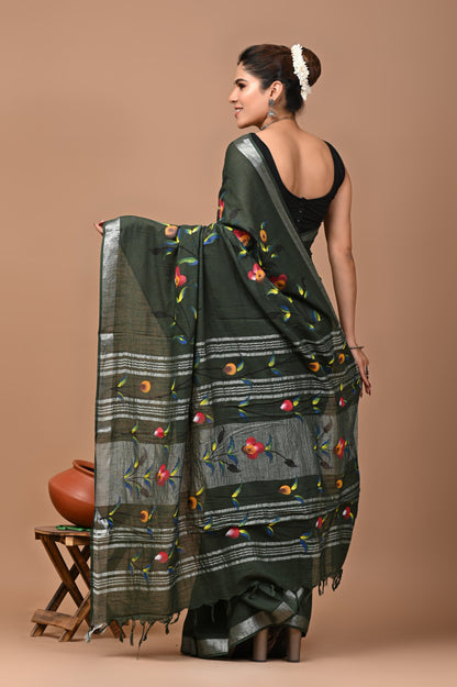 Block Printed Cotton linen Saree With Unstiched Blouse