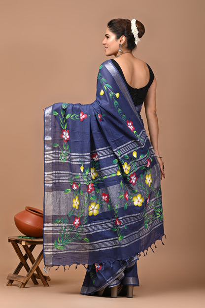 Block Printed Cotton linen Saree With Unstiched Blouse