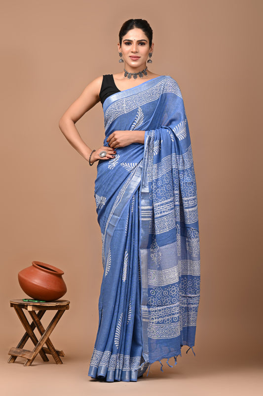 Block Printed Cotton linen Saree With Unstiched Blouse