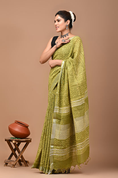 Block Printed Cotton linen Saree With Unstiched Blouse