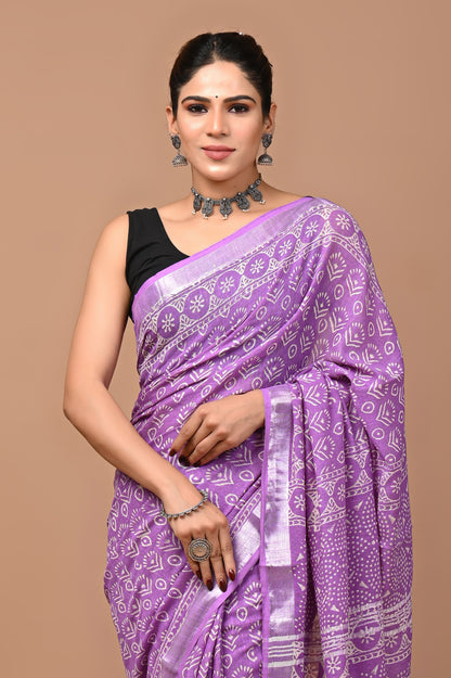 Block Printed Cotton linen Saree With Unstiched Blouse