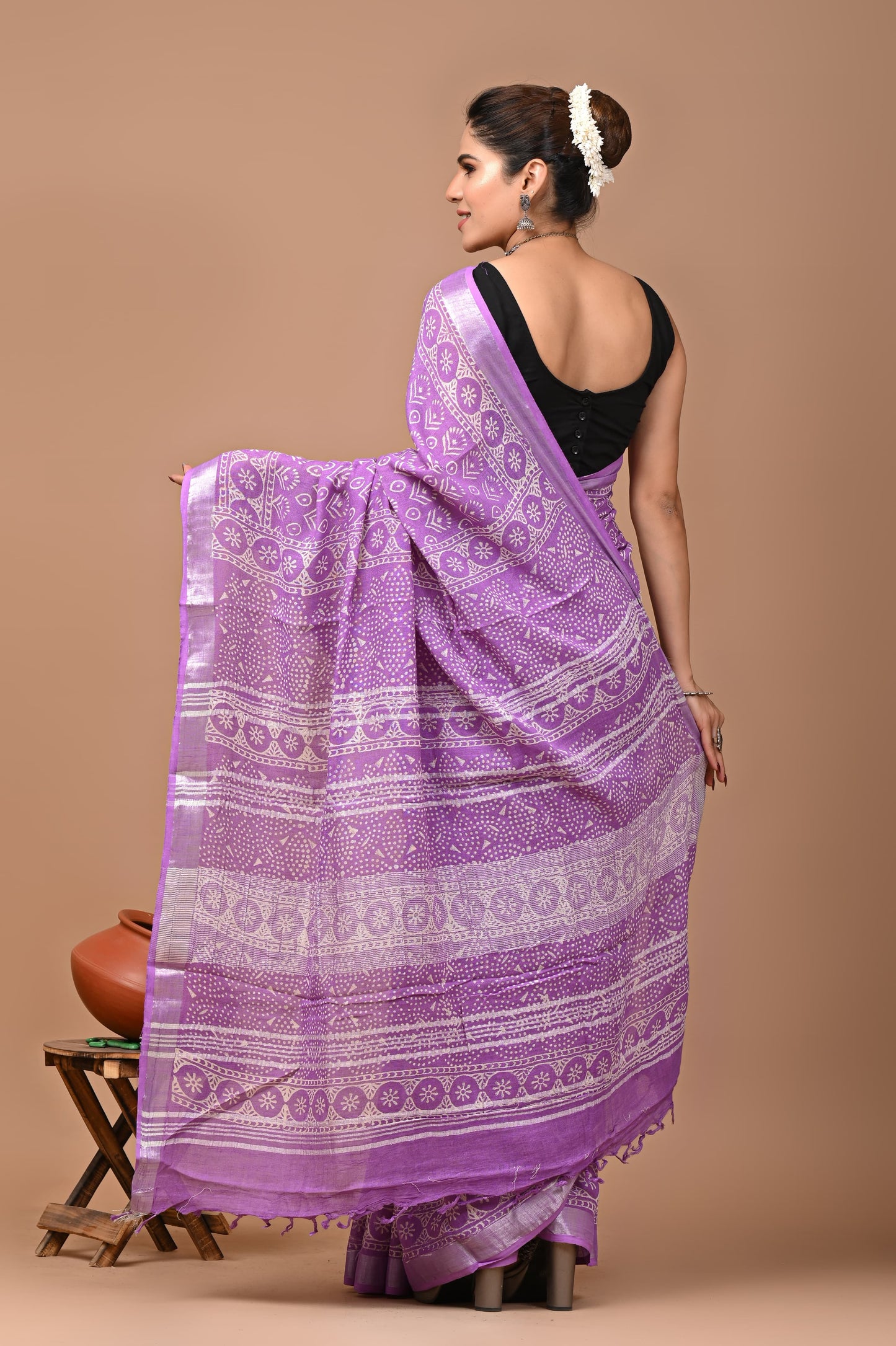 Block Printed Cotton linen Saree With Unstiched Blouse