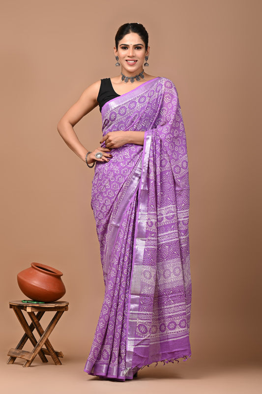 Block Printed Cotton linen Saree With Unstiched Blouse