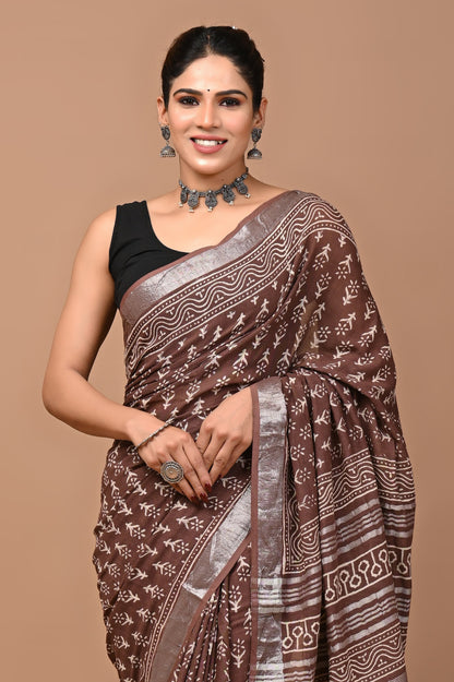 Block Printed Cotton linen Saree With Unstiched Blouse