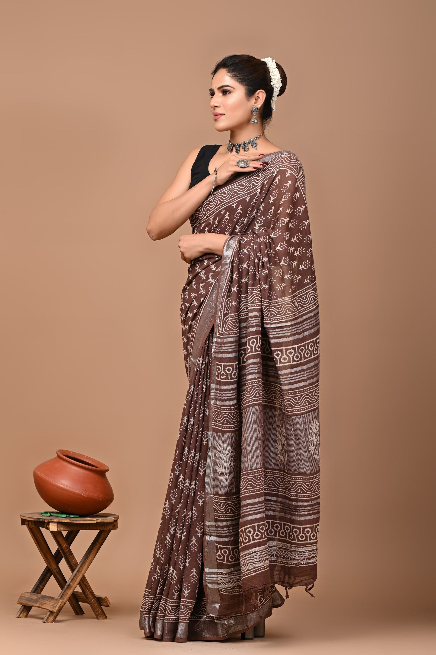 Block Printed Cotton linen Saree With Unstiched Blouse