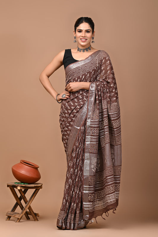 Block Printed Cotton linen Saree With Unstiched Blouse