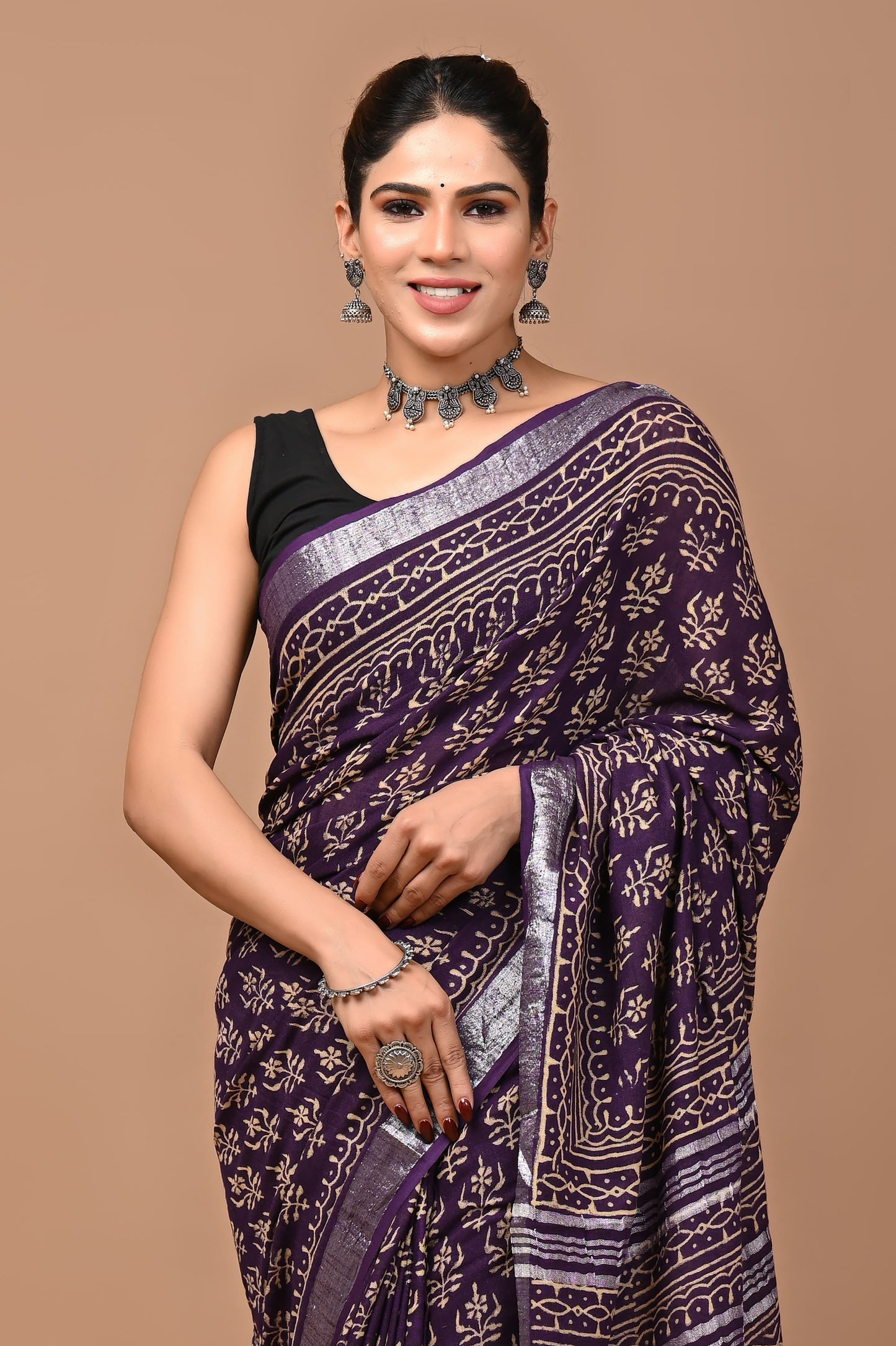 Block Printed Cotton linen Saree With Unstiched Blouse