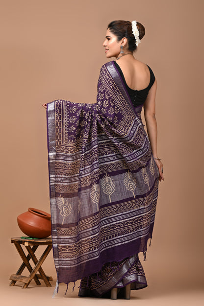 Block Printed Cotton linen Saree With Unstiched Blouse