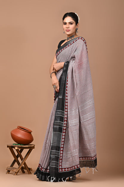 Block Printed Cotton linen Saree With Unstiched Blouse