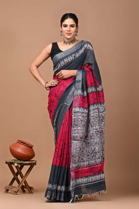 Block Printed Cotton linen Saree With Unstiched Blouse