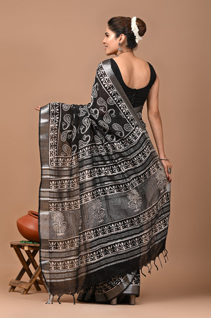 Block Printed Cotton linen Saree With Unstiched Blouse