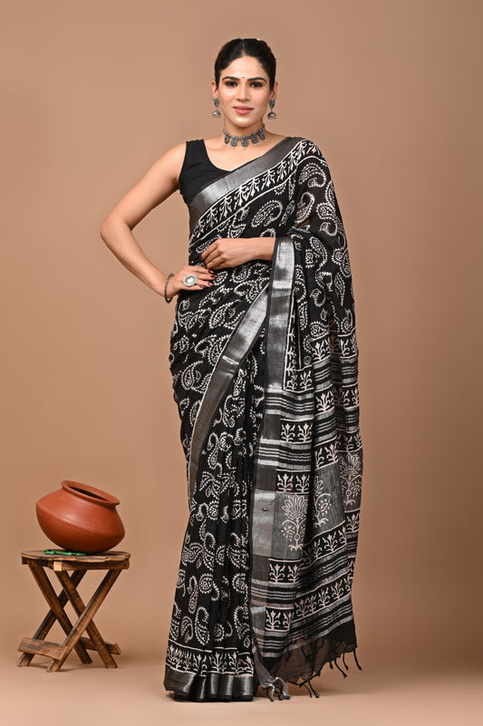 Block Printed Cotton linen Saree With Unstiched Blouse