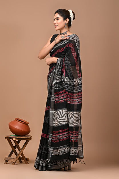 Block Printed Cotton linen Saree With Unstiched Blouse