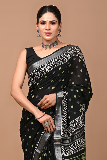 Block Printed Cotton linen Saree With Unstiched Blouse