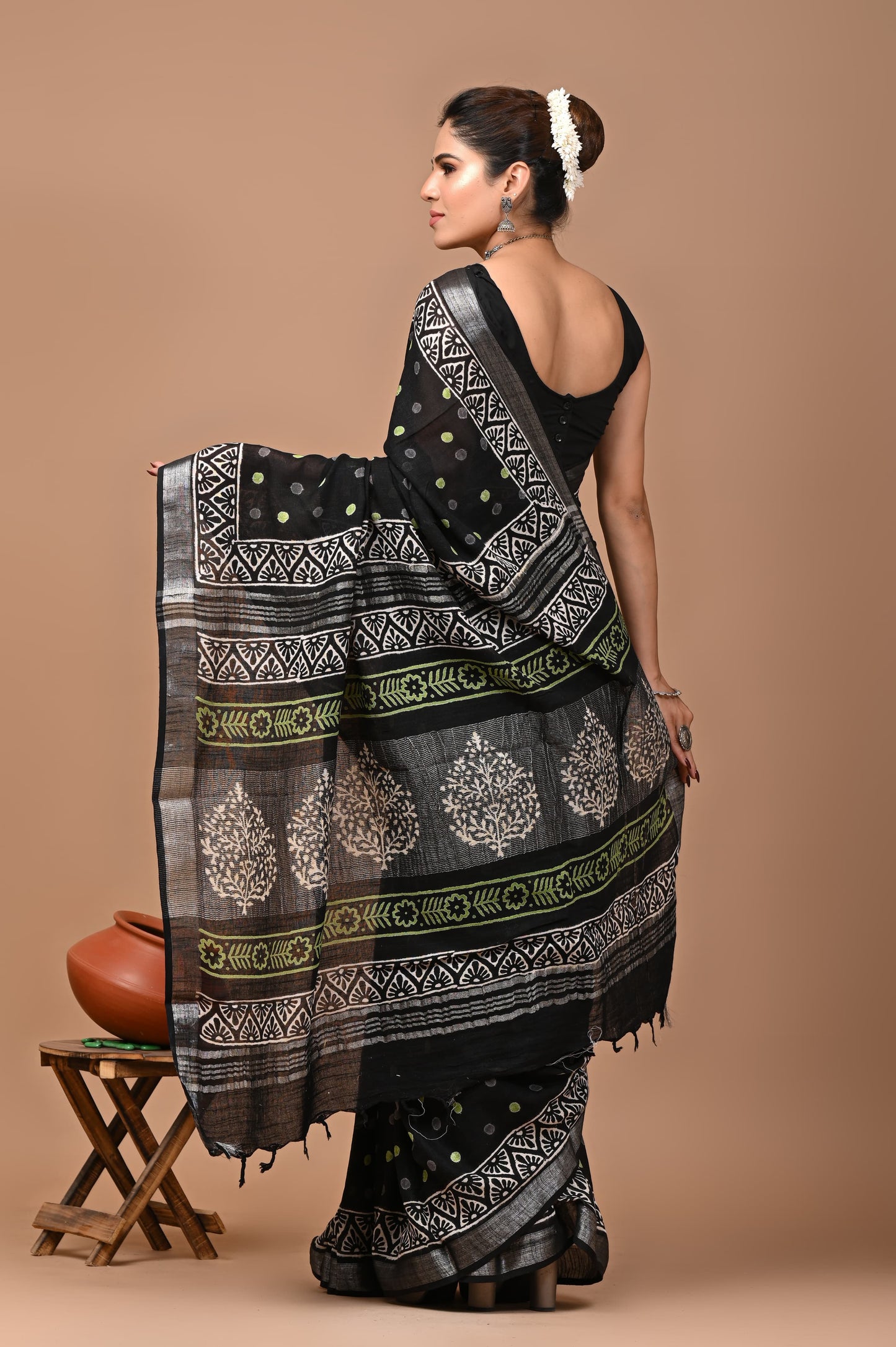 Block Printed Cotton linen Saree With Unstiched Blouse