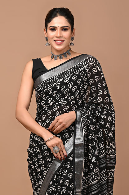 Block Printed Cotton linen Saree With Unstiched Blouse