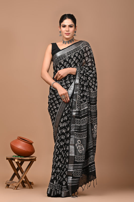 Block Printed Cotton linen Saree With Unstiched Blouse