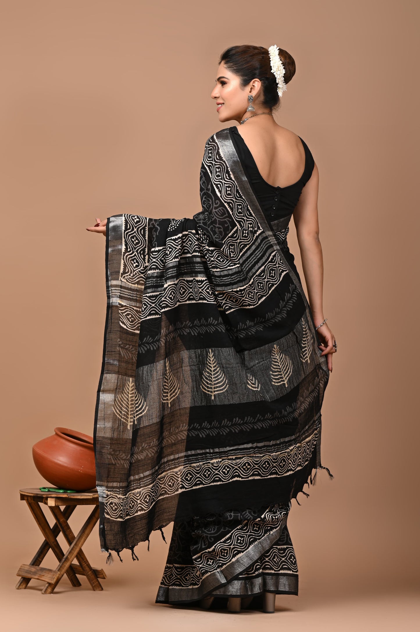 Block Printed Cotton linen Saree With Unstiched Blouse